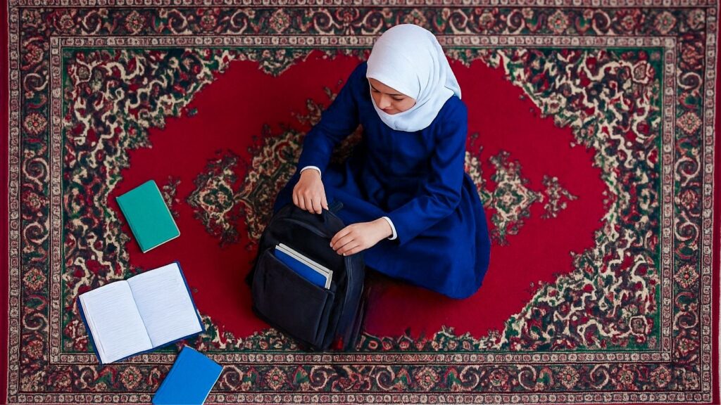 Vue de haut d’une jeune fille en uniforme rangeant ses livres dans son cartable